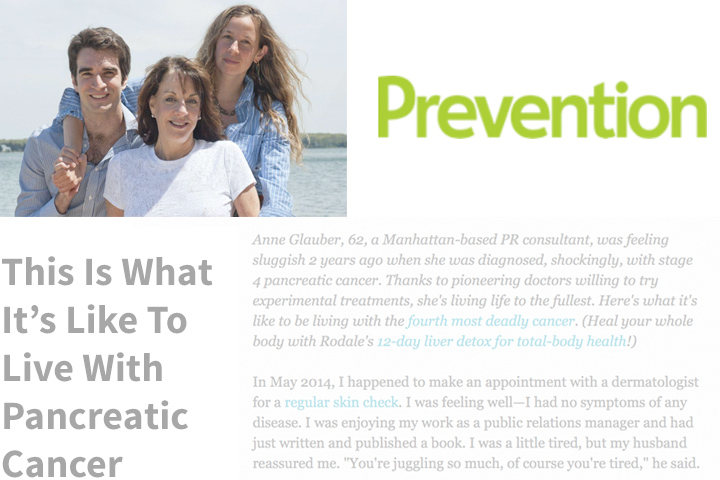 Photo collage of Anne Glauber and her adult children, Prevention magazine logo in green, and faded text of Anne's story