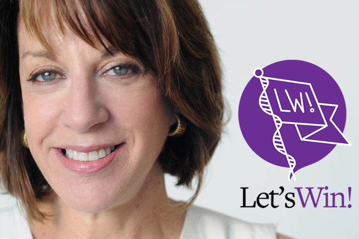 Anne Glauber, Let's Win founder and pancreatic cancer patient, in close up, on the left, and purple and white Let's Win logo on right