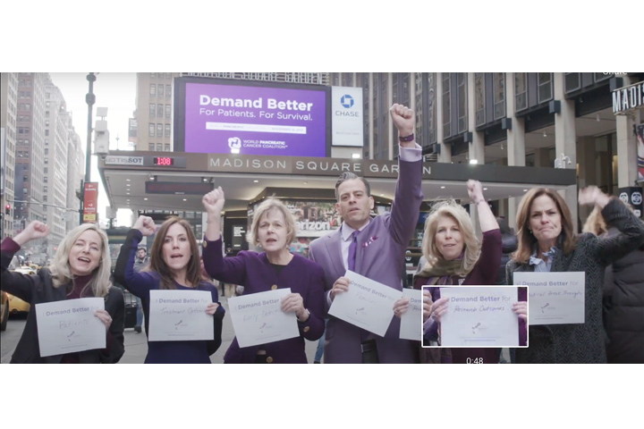 Julie Fleshman (PanCAN), Cindy Gavin (Let's Win), Barbara Kenner (Kenner Family Research Fund), Dino Varelli (Project Purple), Kerri Kaplan (Lustgarten Foundation), Liz Feld (Suzanne Wright Foundation) in front of the Madison Square Garden marquee in New York, for World Pancreatic Cancer Day
