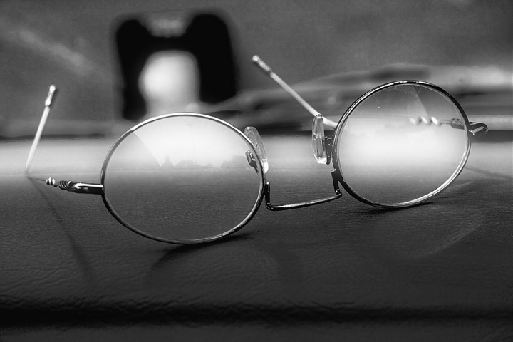 Black and white image of fogged glasses