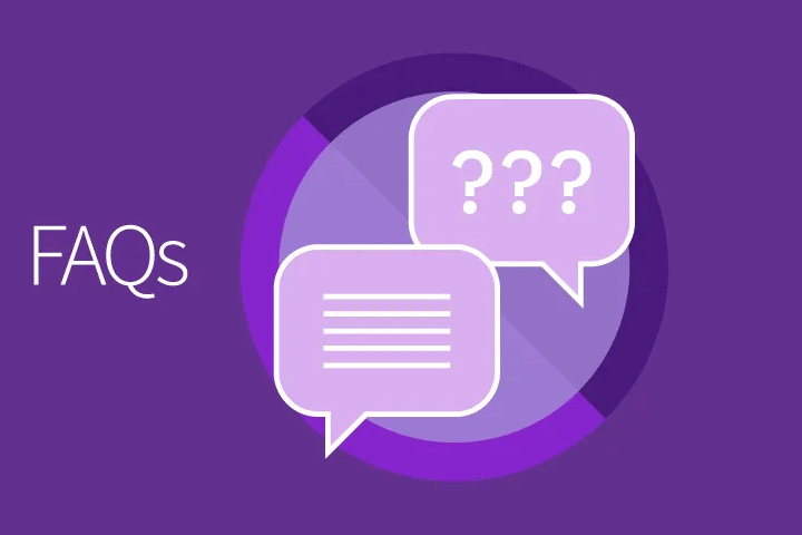 FAQs on a purple background with an icon showing speech bubbles with question marks and lines for text