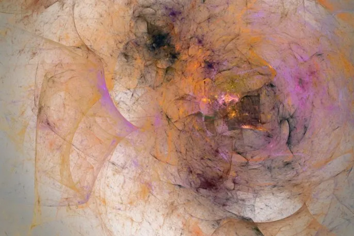 Abstract image of wisps of orange, black, and pink coming together in a tangle in a confused center, on a pale background shows what chemo brain looks like to David Trick, who is undergoing chemotherapy for stage IV colorectal cancer.