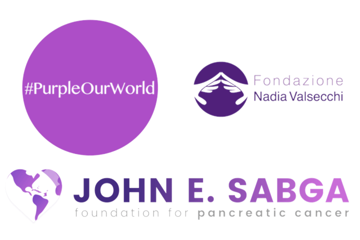 logos of #PurpleOurWorld, Fondazione Nadia Valsecchi, John E. Sabga Foundation for Pancreatic Cancer