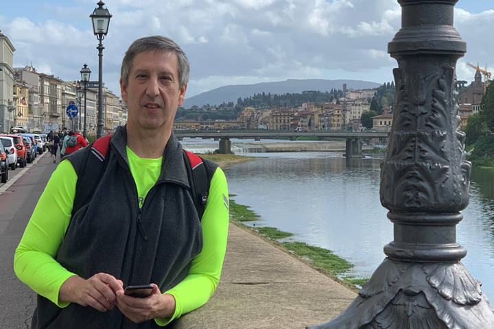 Pancreatic cancer patient Robert Weker in Florence, Italy, along the river