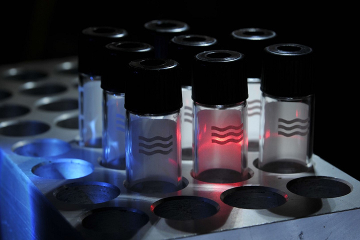 clear test tubes with black caps and wavy lines on them sit upright in a solid metal rack, with red, white, and blue light shined on them