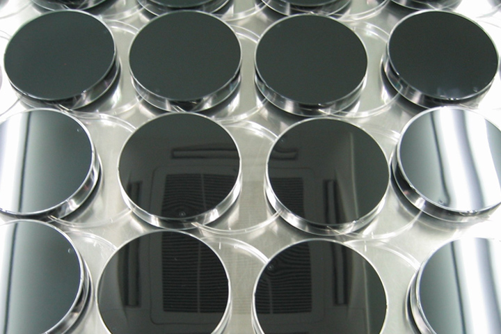 Grayscale image of round lab containers with dark agar medium arranged in rows.