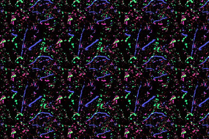 Blue green and pink abstract lines and dots on a black background