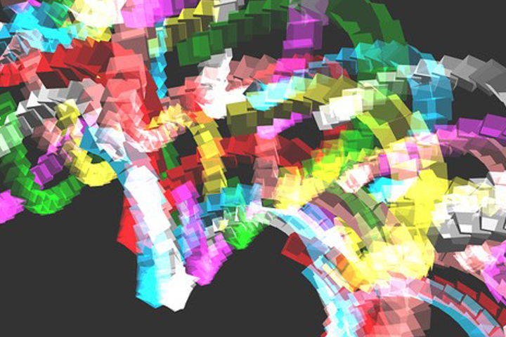 multicolor abstract computer created image of series of squares that look like a DNA helix