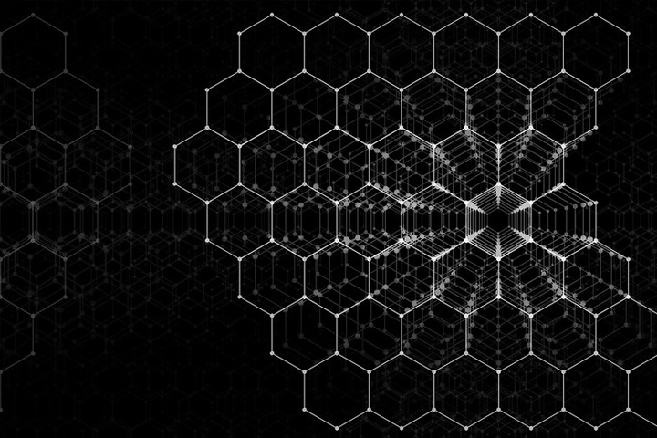 white 3-d hexagons on a black background
