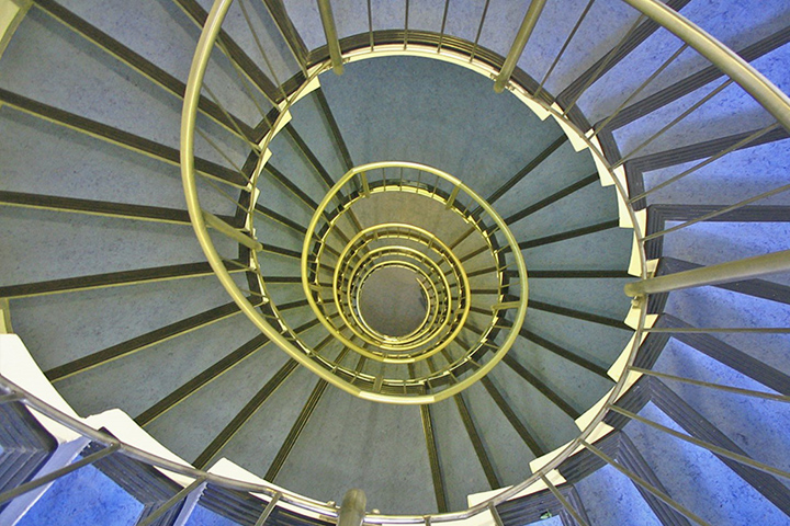 Looking down a spiral staircase