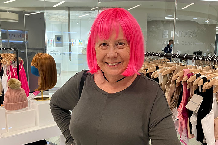 pancreatic cancer patient Barbara Green in a hot pink wig