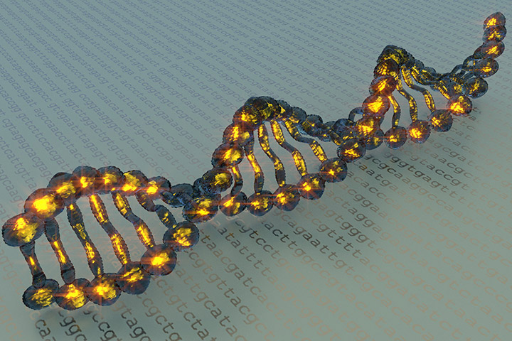 Gold DNA strand with letters in the background