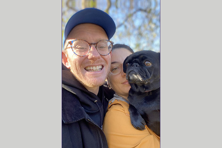Pancreatic cancer patient Matthew Rosenblum, his partner Natalie, and their dog Monique