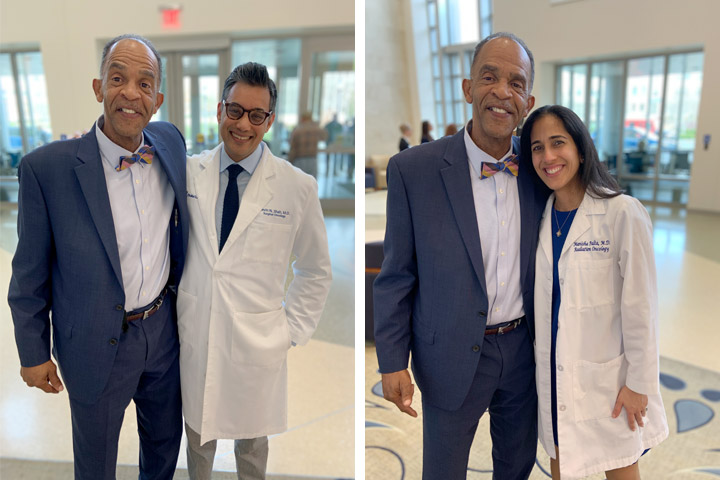 Pancreatic cancer patient John Sanders and Dr. Shah (left) and Dr. Palta (right)